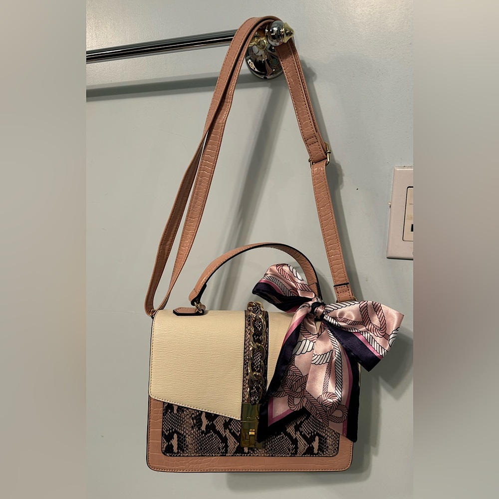 Aldo light pink crossbody faux leather snake purse with tied scarf